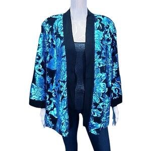 Bob Mackie Wearable Art Turqouise Sequin Kimono Cardigan - L